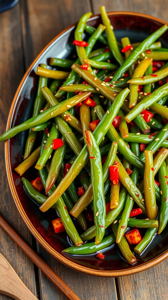 A dish of spicy and sweet green beans with a honey-soy glaze, sprinkled with red pepper flakes and sesame seeds.